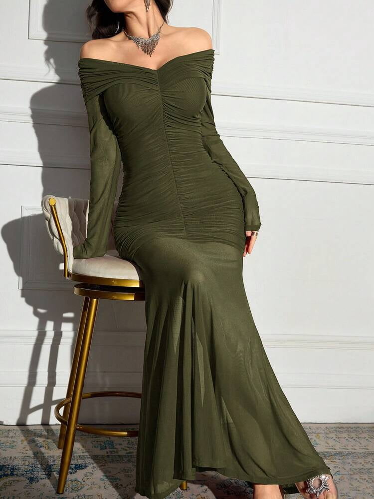 thumbnail image 6 of Army Green Off Shoulder Long Sleeve Ruched Fishtail Maxi Dress, 6 of 6
