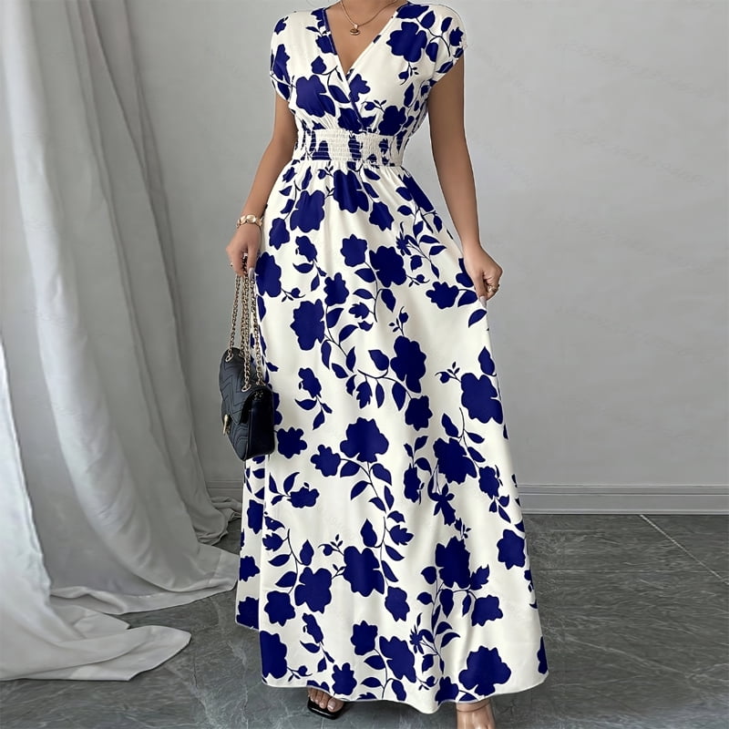 thumbnail image 3 of MORTTIC Women's Floral Print V-Neck Maxi Dress with Elastic Waist Bohemian Summer Casual Long Dress Dark Blue，S, 3 of 8
