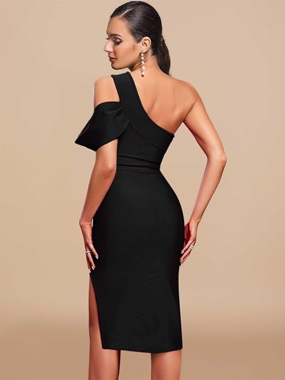 thumbnail image 2 of One Shoulder Ruffle Wedding Guest Dress Slit Bandage Cocktail Dress Formal Party Gowns Color Black Medium, 2 of 4