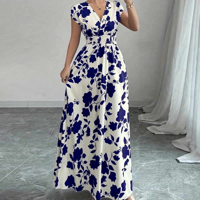 thumbnail image 2 of MORTTIC Women's Floral Print V-Neck Maxi Dress with Elastic Waist Bohemian Summer Casual Long Dress Dark Blue，S, 2 of 8