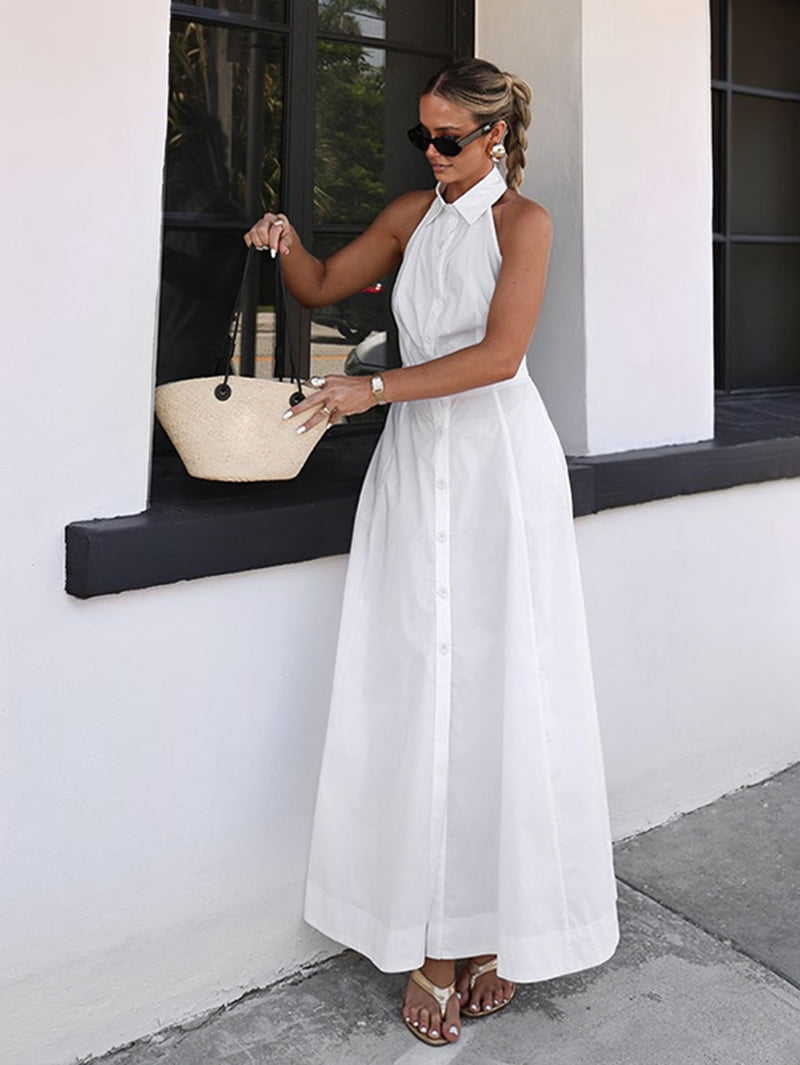 thumbnail image 5 of Katigan Women'S Maxi Dresses Halter V Neck Beach Dresses for Women A-Line Casual Dress for Vacation White S, 5 of 8