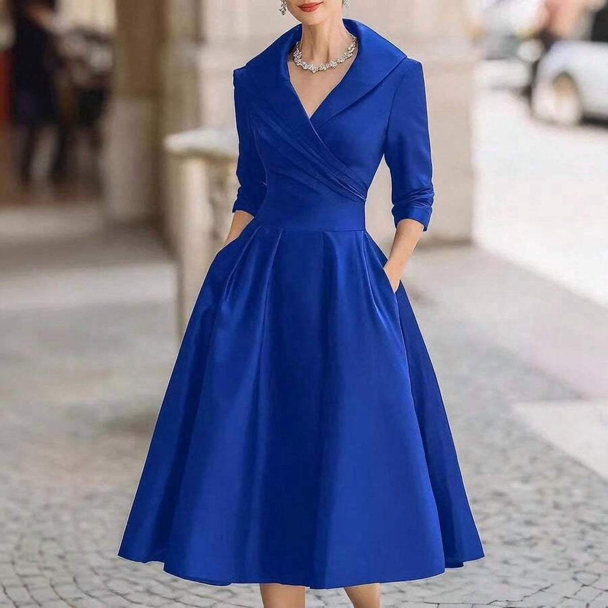 thumbnail image 4 of Womens Elegant Coffee Midi Dress with Long Sleeves, Wrap Front & Flared, 4 of 7