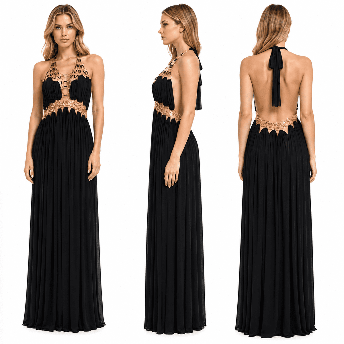 thumbnail image 2 of Women Halter Maxi Dress Metal Ring Cutout A Line Chiffon Flowy Formal Evening Party Gown Black, 2 of 7