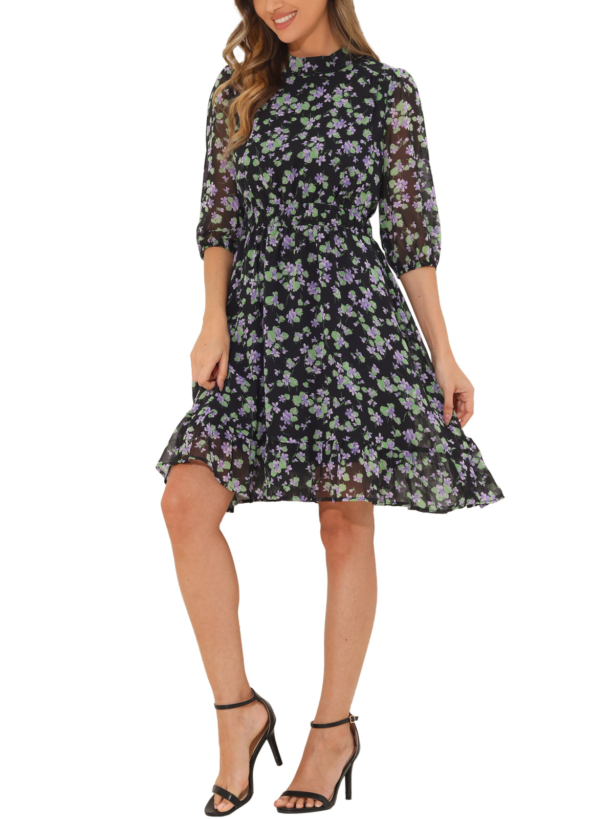 thumbnail image 4 of INSPIRE CHIC Floral A-Line Dress for Women's Casual Mock Neck Fit and Flare Chiffon Dress M Black, 4 of 6