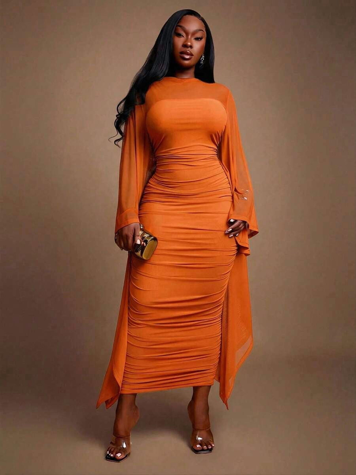 thumbnail image 4 of Womens Orange Ruched Long Sleeve Sheath Dress With Kimono Sleeve, 4 of 6