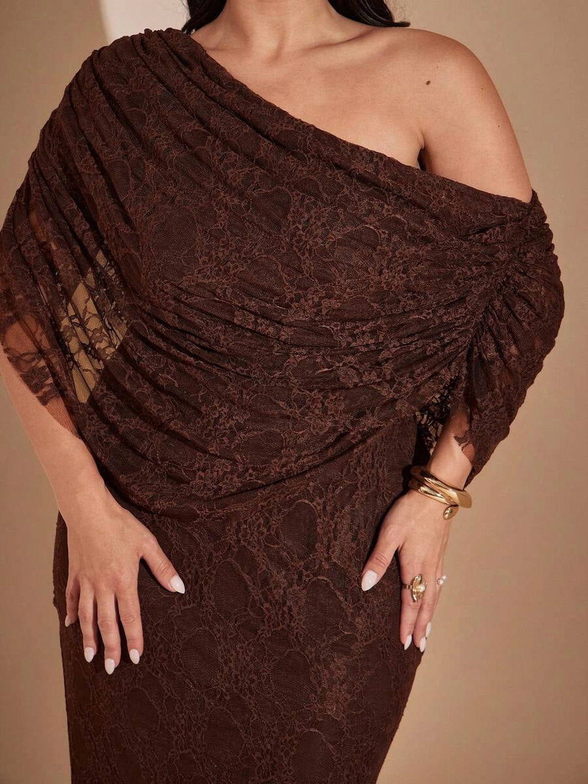 thumbnail image 2 of Plus Size Brown Lace Mermaid Maxi Dress Cowl Neck Off Shoulder, 2 of 8