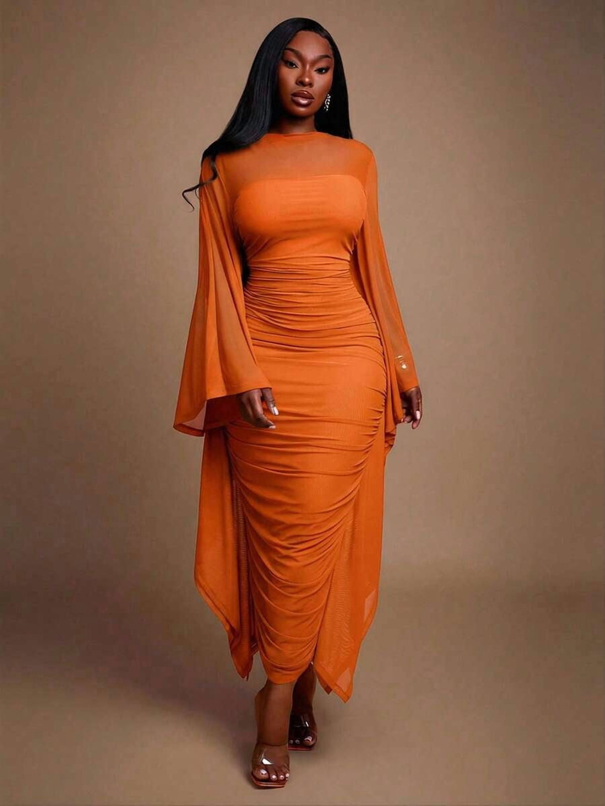 thumbnail image 6 of Womens Orange Ruched Long Sleeve Sheath Dress With Kimono Sleeve, 6 of 6