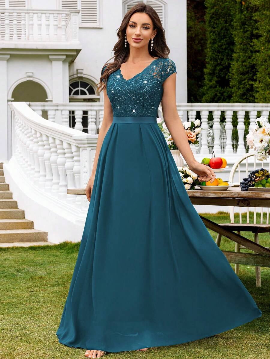 thumbnail image 3 of Dusty Blue V-Neck Sequin Lace Short Sleeve A-Line Evening Gown, 3 of 28