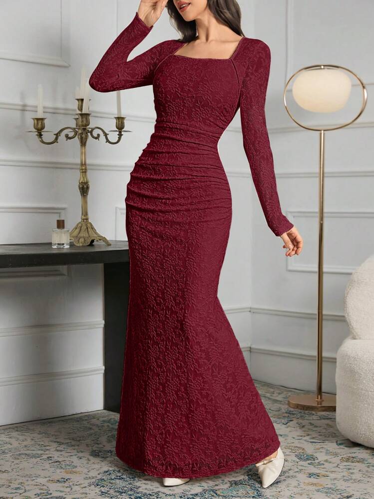 thumbnail image 3 of Burgundy Lace Long Sleeve Square Neck Fitted Evening Dress, 3 of 6