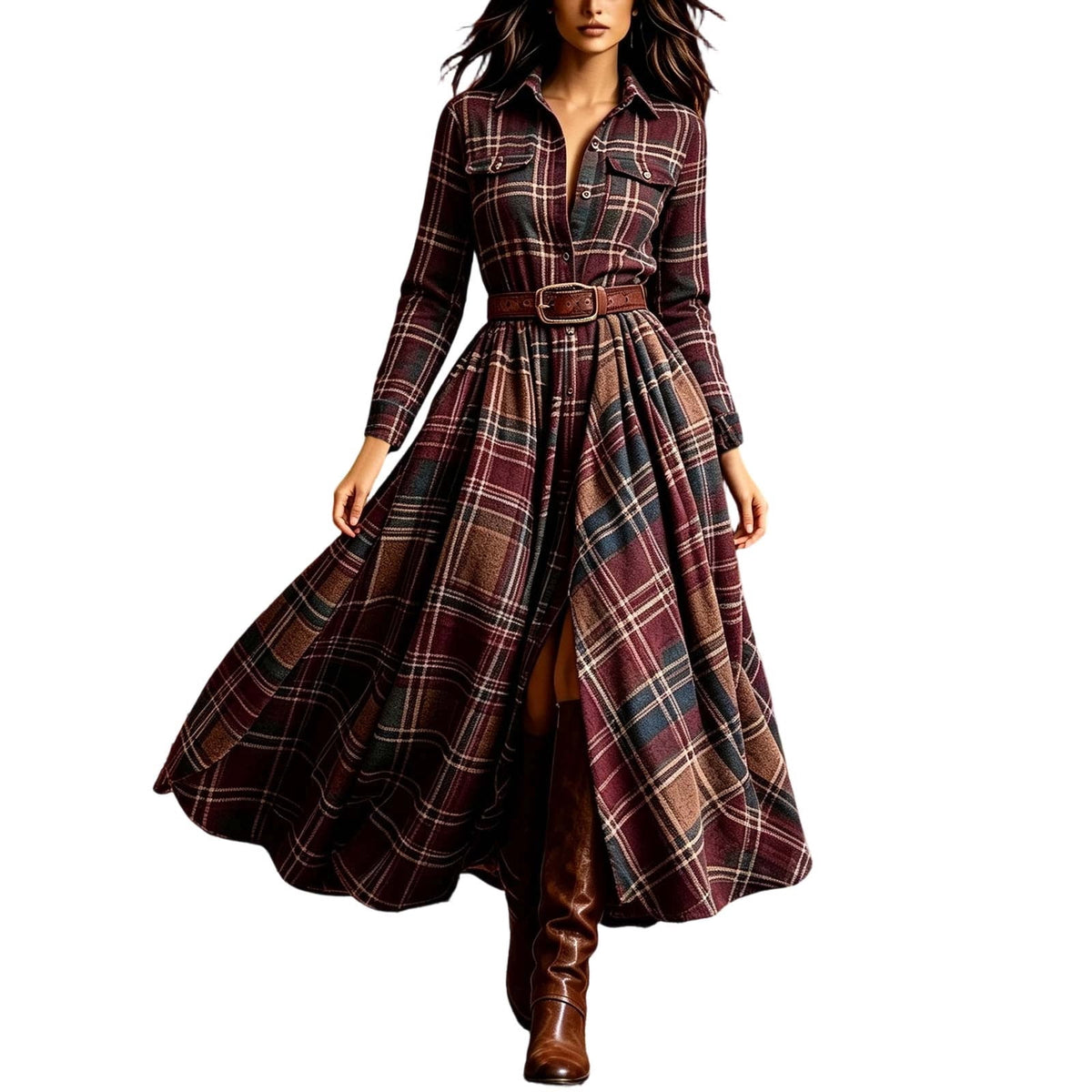 thumbnail image 3 of BRGZLK Maxi Dresses for Women Fall Winter Retro Lapel Button Down Long Sleeves Plaid Maxi Shirt Dress A-Line Flowy Casual Dress with Pockets & Belt Red XL, 3 of 6
