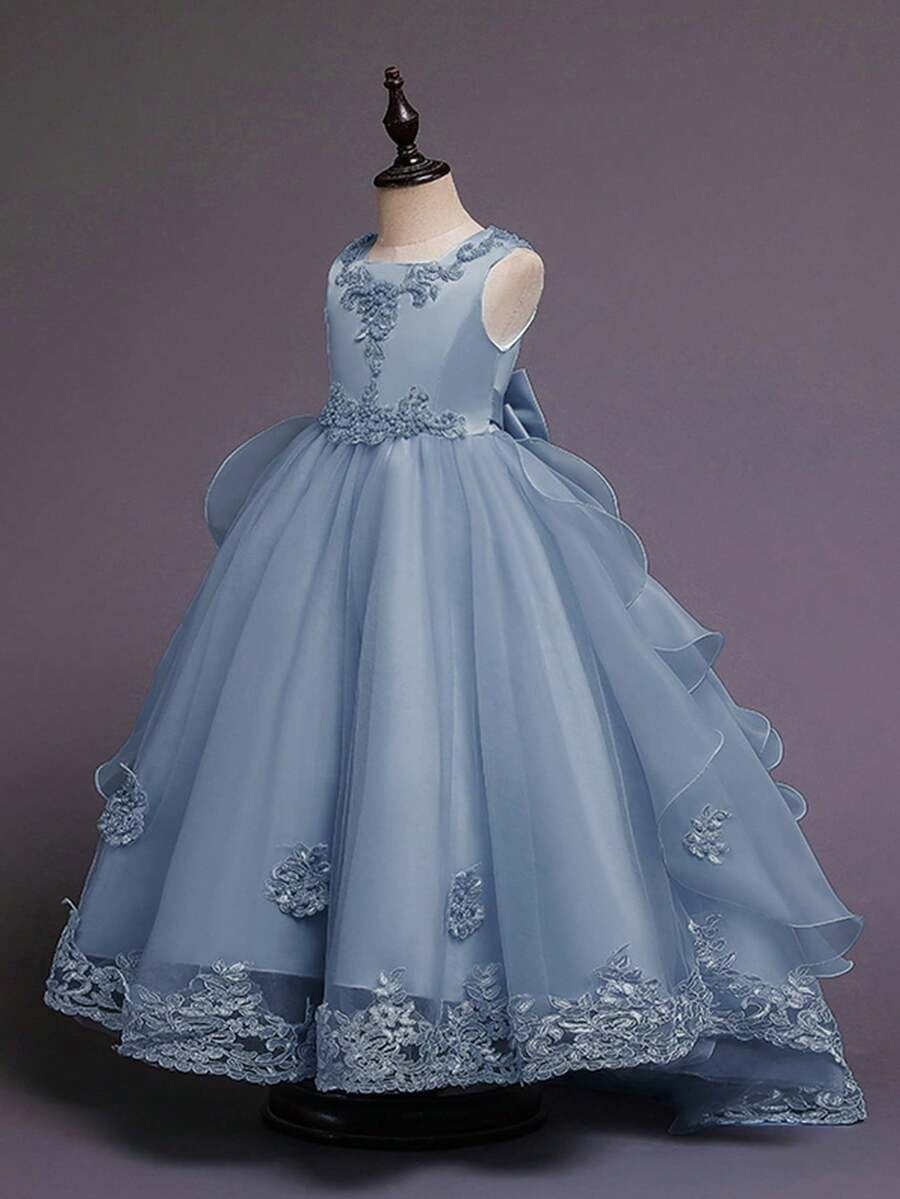 thumbnail image 4 of Dusty Blue Ball Gown Dress With Lace Embellishment And Puffy Tulle Skirt, 4 of 30