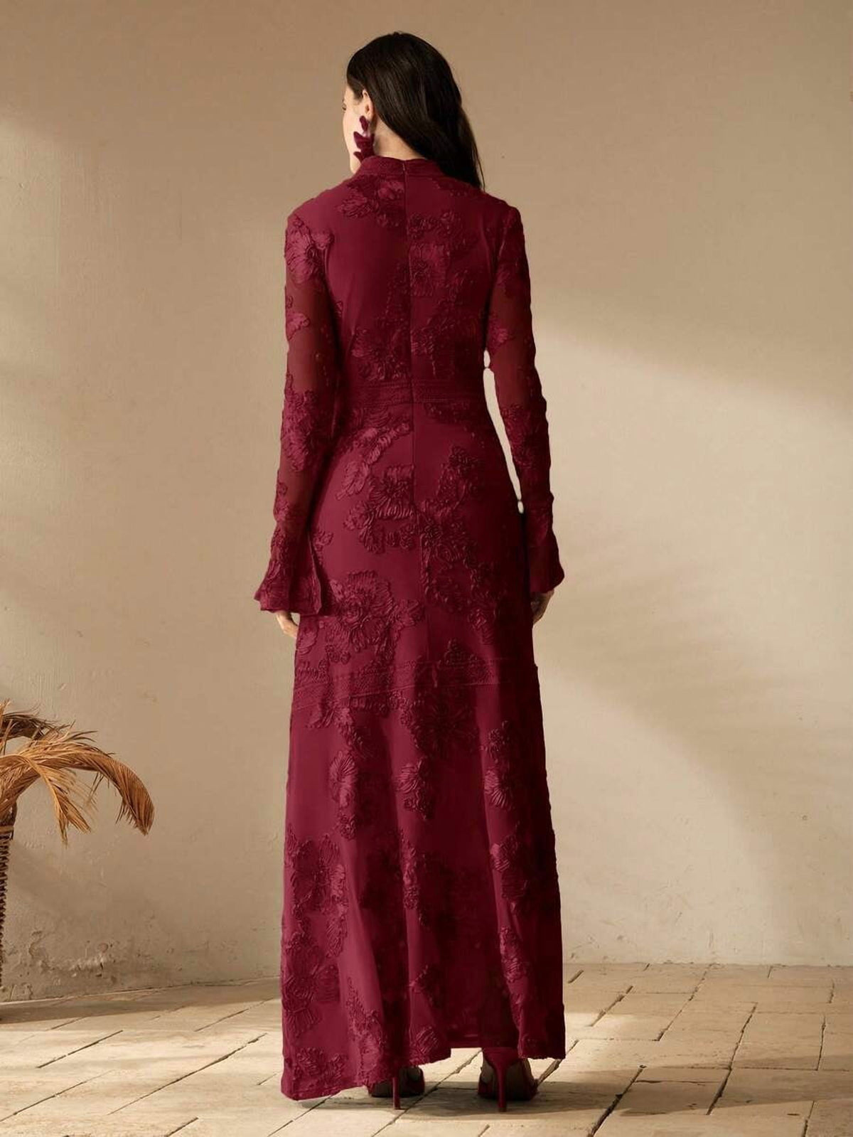 thumbnail image 6 of Burgundy Floral Embroidered High-Neck Long Sleeve Maxi Dress For Women, 6 of 14