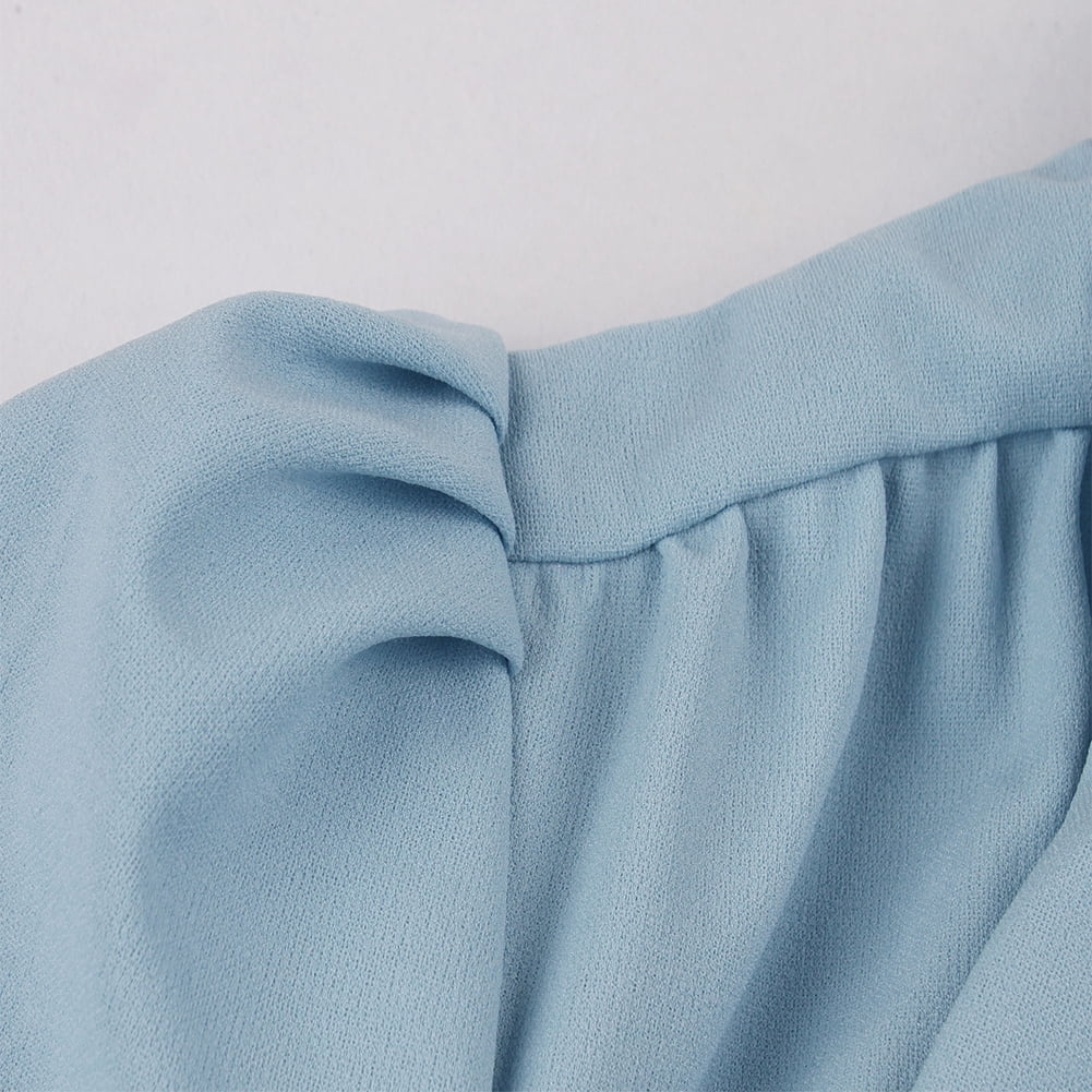thumbnail image 5 of IBTOM CASTLE Women Vintage V Neck Ruffle Swing Dress 50s 60s Button up Rockabilly Prom Cocktail Party Midi Evening Dress S Light Blue - Bowknot, 5 of 8