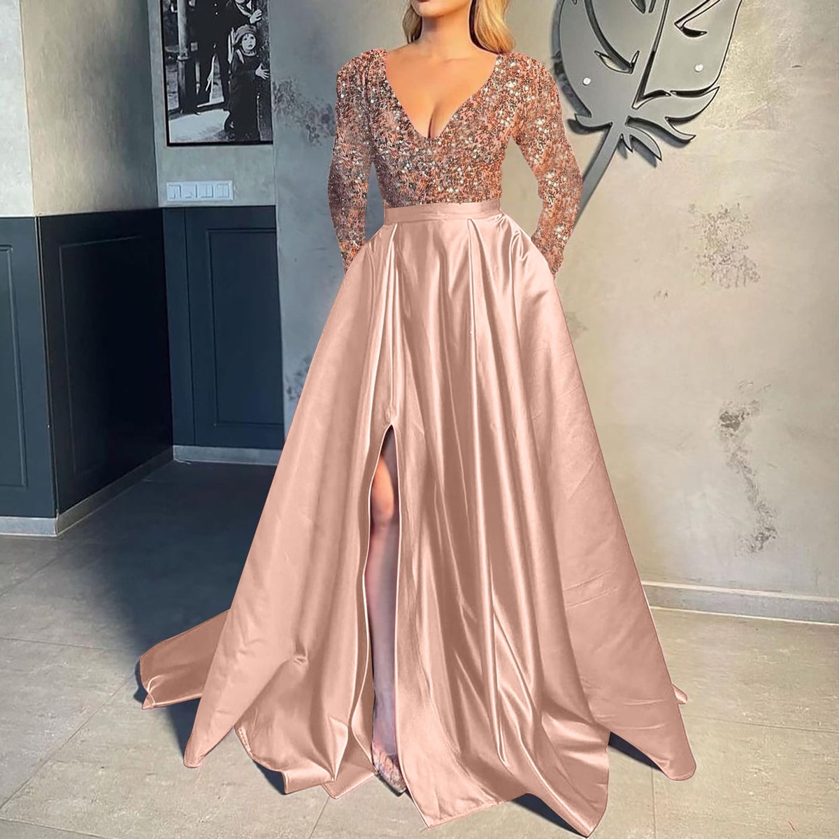 thumbnail image 2 of Homecoming Dresses for Teens Fashion Summer Hemline Satin Finish V Neck Long Sleeved Sequin Dress, 2 of 6