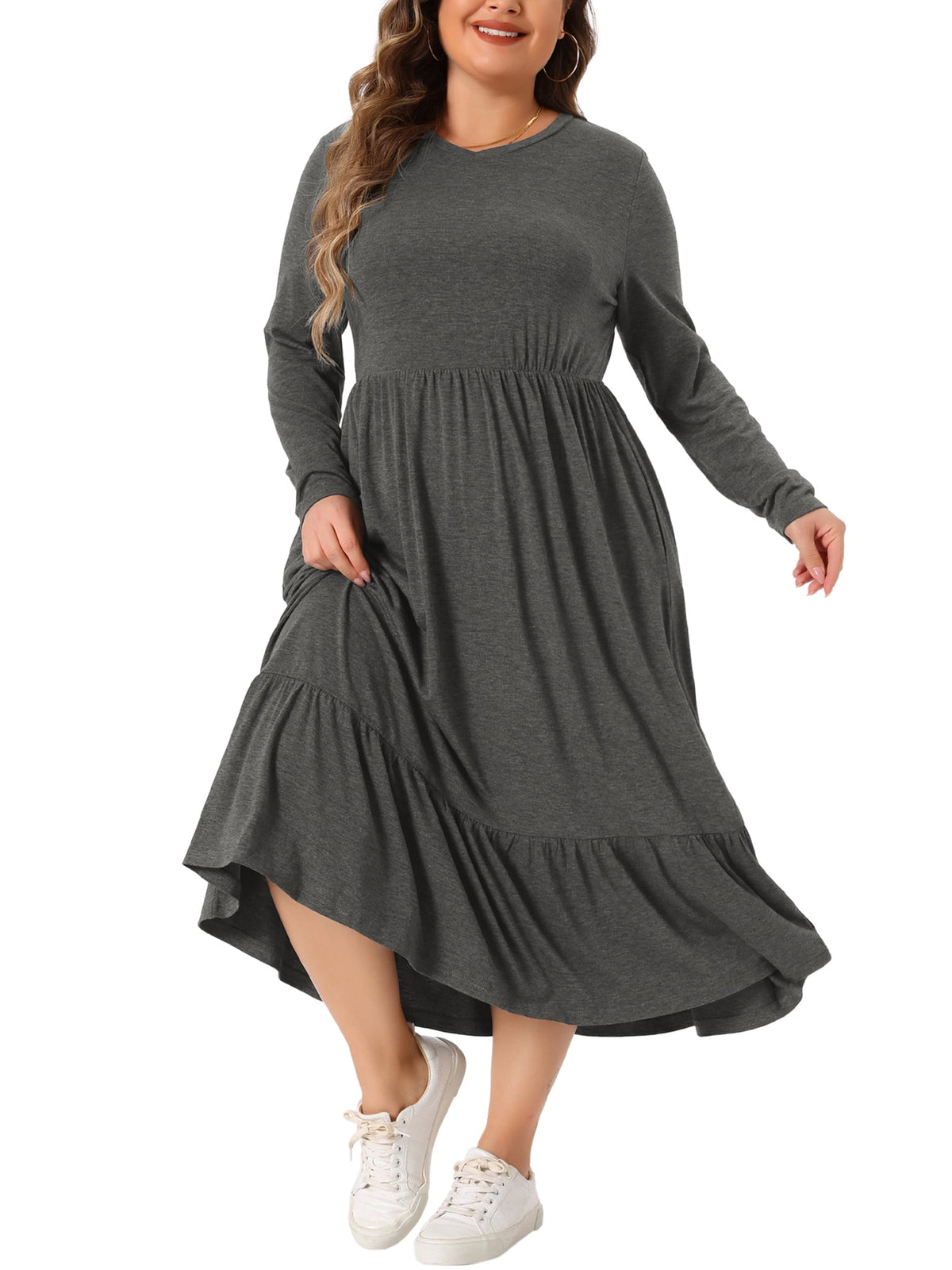 thumbnail image 2 of Agnes Orinda Women's Plus Size Easter Dress Long Sleeve Tiered A Line Dresses with Pockets 3X Gray, 2 of 5