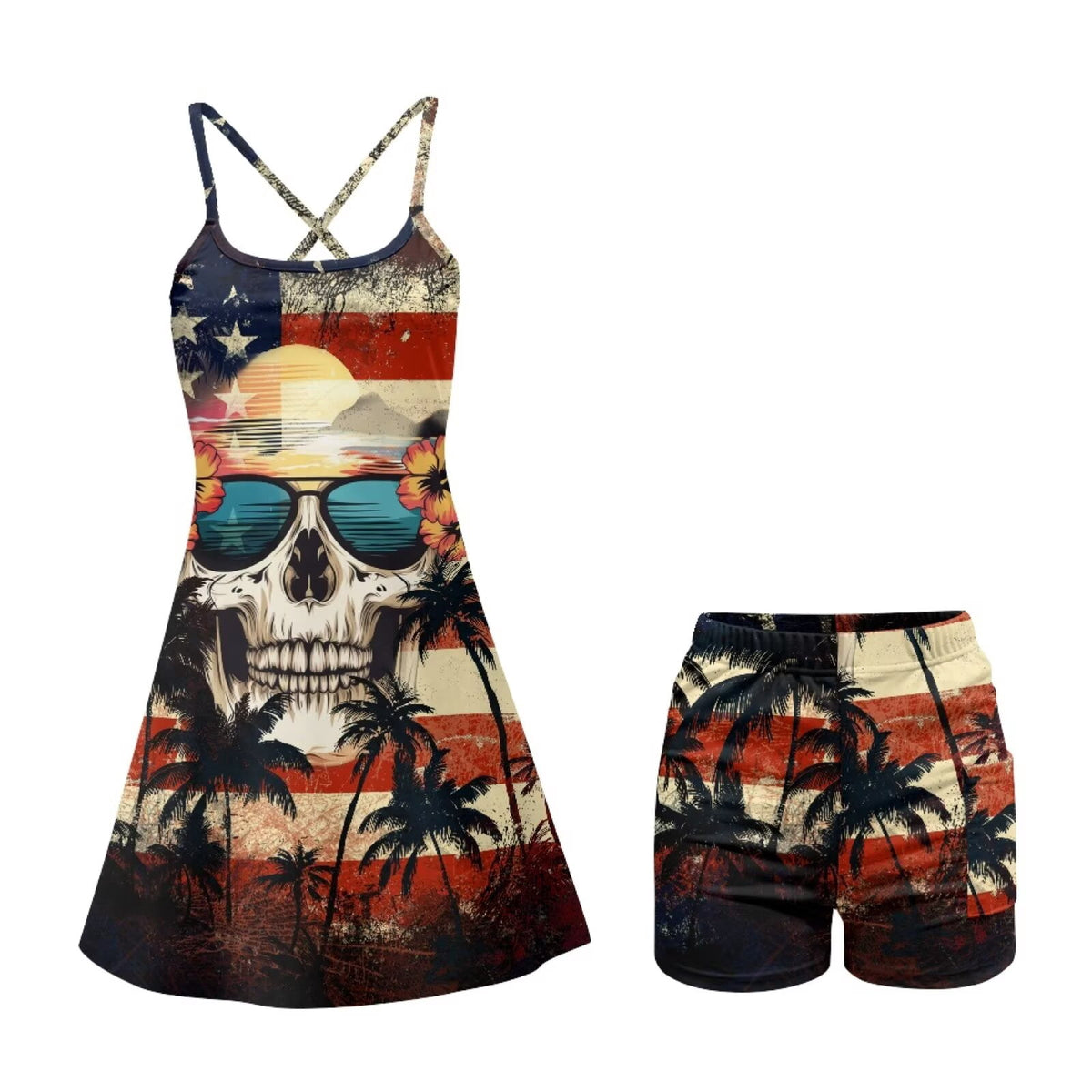 thumbnail image 5 of Psesaysky Skull Golf Tennis Dress Hawaiian Palm Tree Print Workout Athletic Dresses for Women with Shorts Pockets American Flag 2 Piece Sets Outfits Summer Clothes, Size XS, 5 of 5