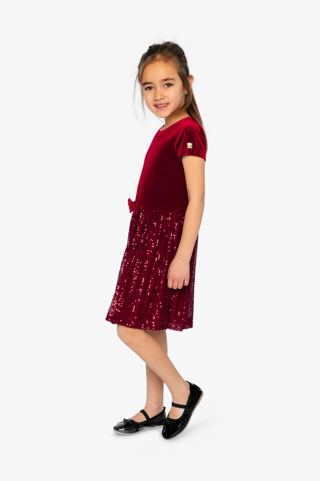 thumbnail image 3 of Deux Par Deux Girl Bi-Material Short Sleeve Dress With Glittering Skirt Red, 3 of 6