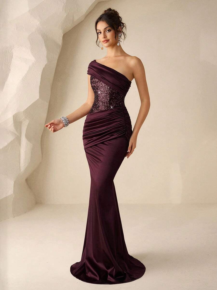 thumbnail image 5 of Burgundy One-Shoulder Sequin Bodice Mermaid Satin Evening Gown, 5 of 30