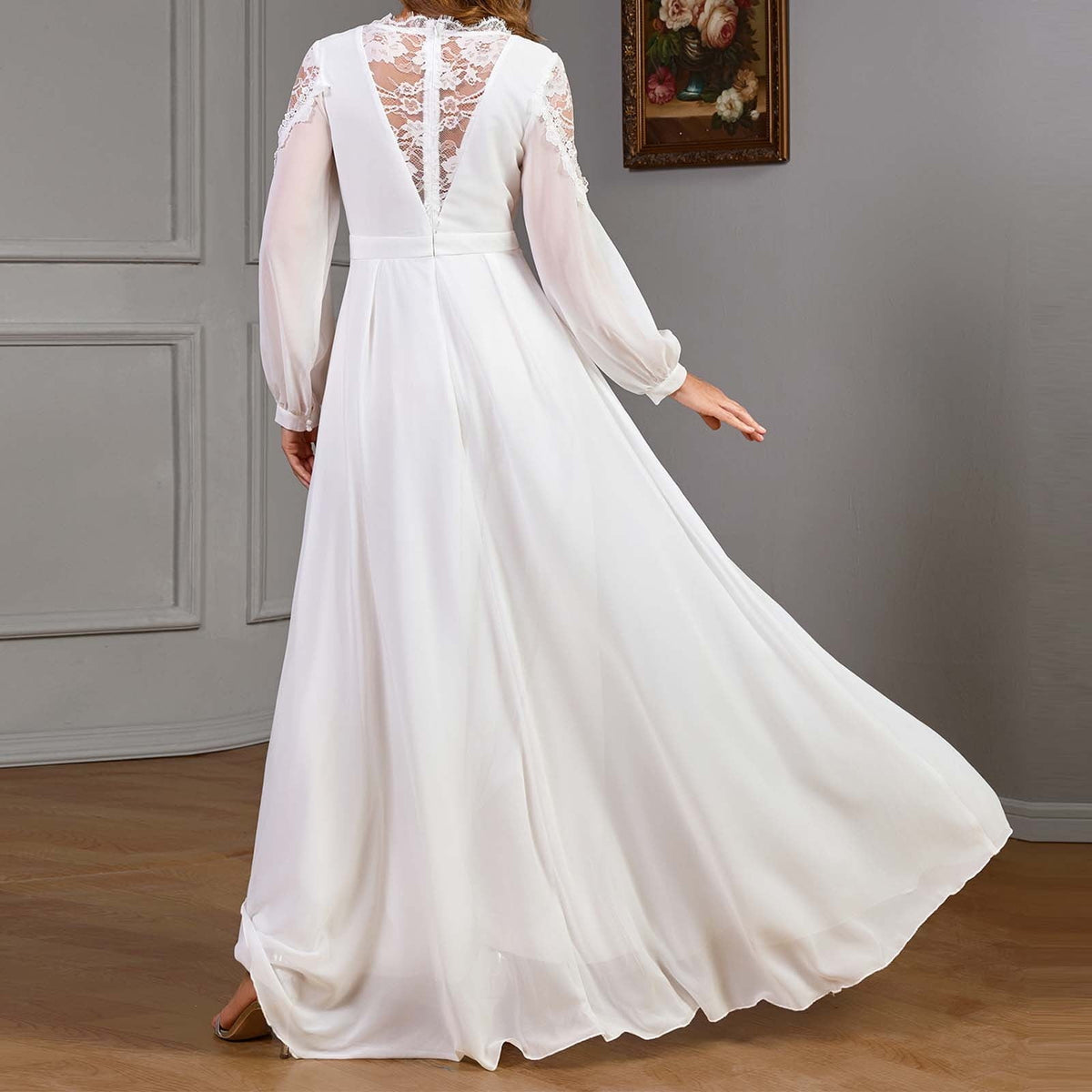thumbnail image 7 of White Wedding Guest Dresses for Women Sleeve Less V Neck Maxi Dress Solid Color Lace Appliques Chiffon Formal Evening Gowns Beach Dress, 7 of 7