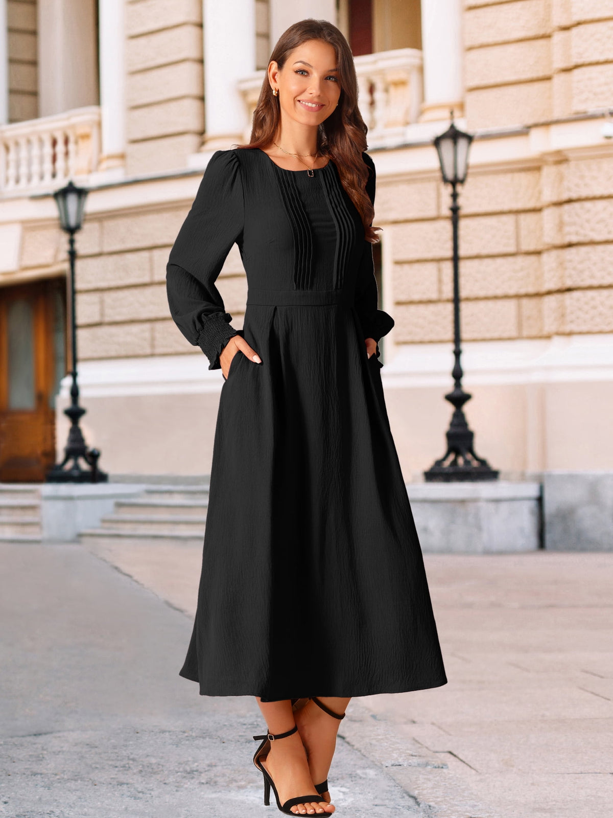 thumbnail image 3 of DARING DIVA Frilled Crewneck Long Sleeve Midi Fall Dress XL Black, 3 of 8