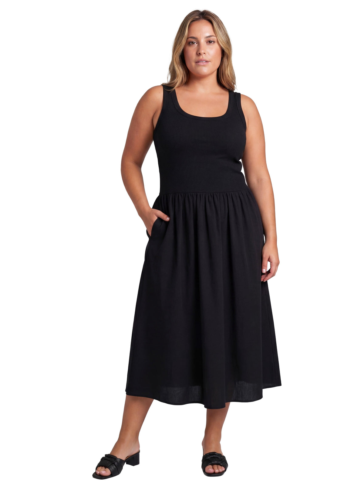 thumbnail image 1 of 24seven Comfort Apparel Essential Curvy Sleeveless Scoop Neck A Line Pocket Maxi Dress, 1 of 5