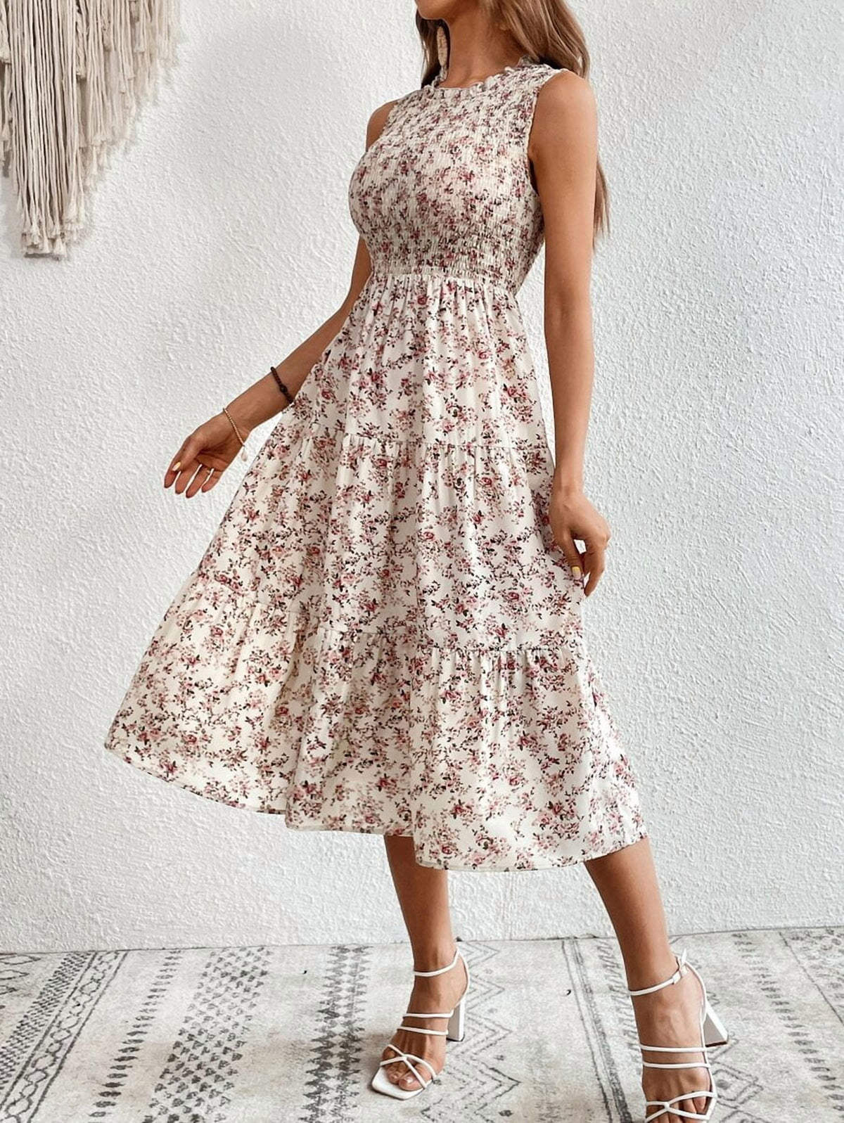 thumbnail image 5 of White Floral Smocked Sleeveless Tiered Midi Dress For Women, 5 of 30