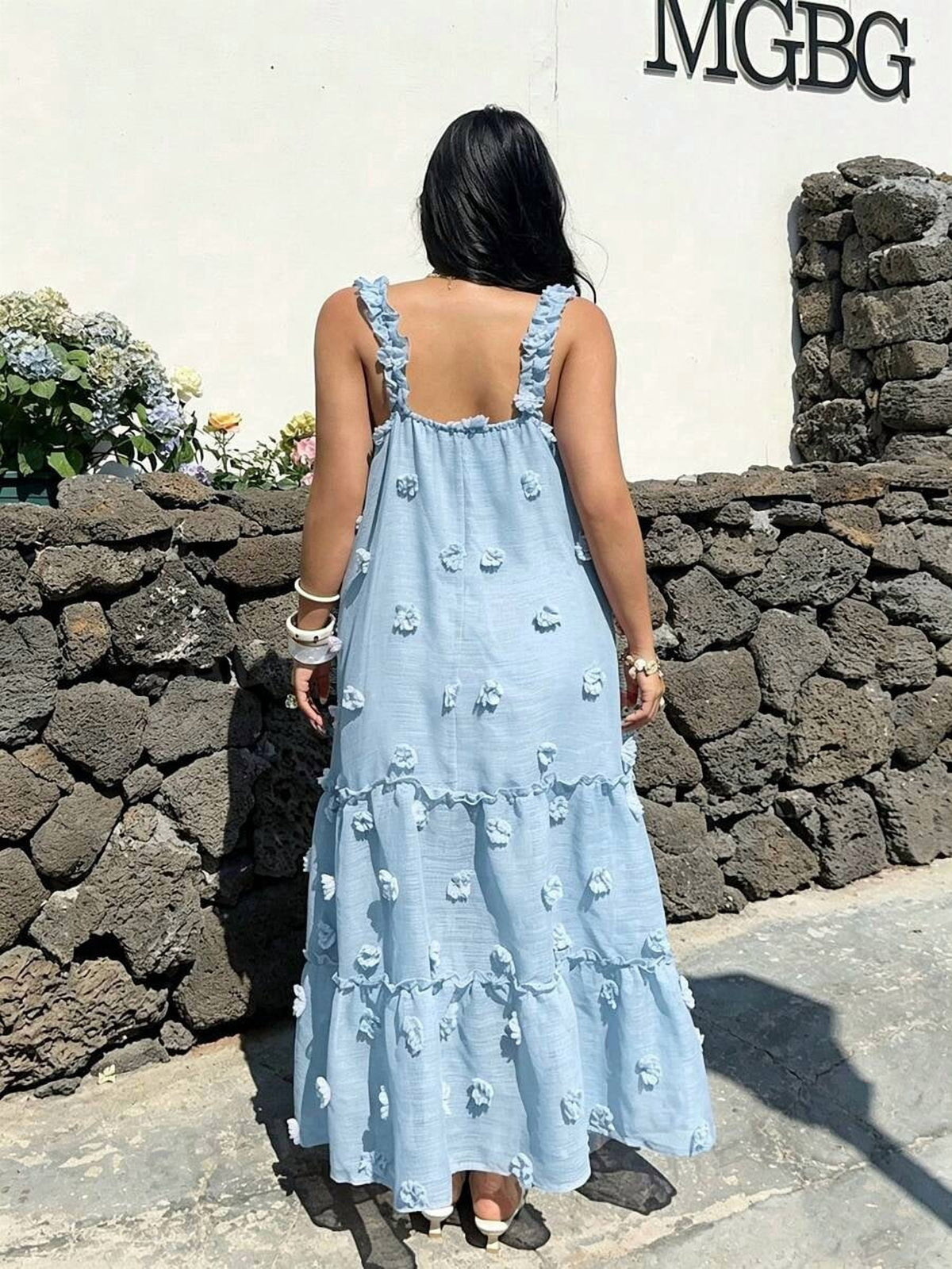 thumbnail image 2 of Plus Size Baby Blue Square Neck Tiered Ruffle Floral Embellished Maxi Dress, 2 of 3
