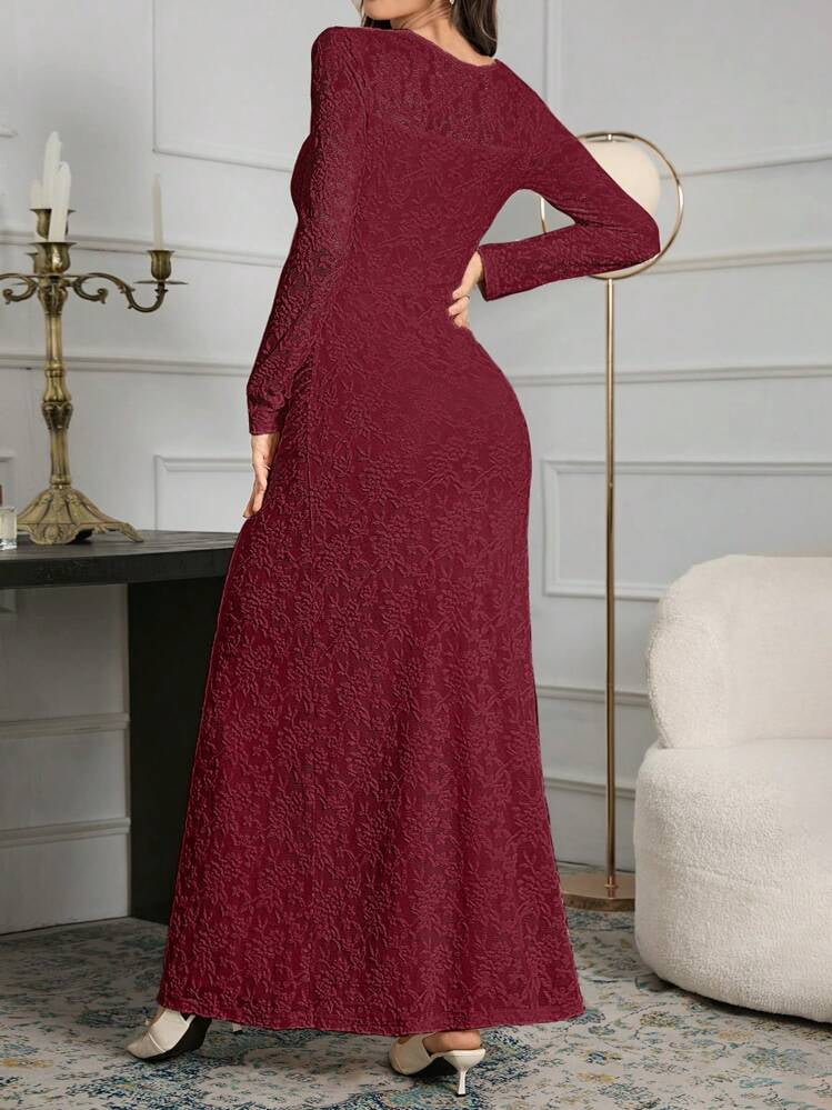 thumbnail image 6 of Burgundy Lace Long Sleeve Square Neck Fitted Evening Dress, 6 of 6