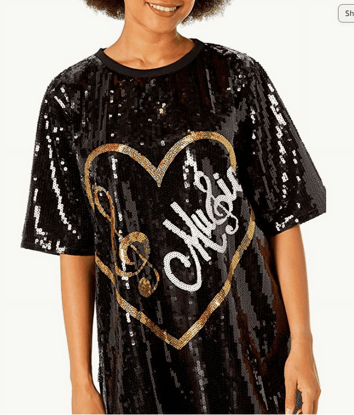 thumbnail image 1 of 2Chique Boutique Women's Sequin T Shirt Dress Heart Music Treble Clef One Size Black, 1 of 6