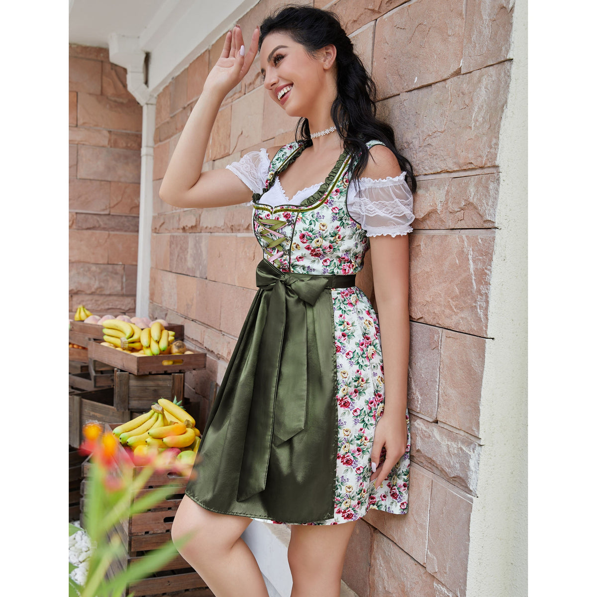 thumbnail image 3 of Women’s Beer Festival Dirndl Dress 3-Piece Set, Floral Lace-Up Dress with Off-Shoulder Blouse and Green Apron, 3 of 5