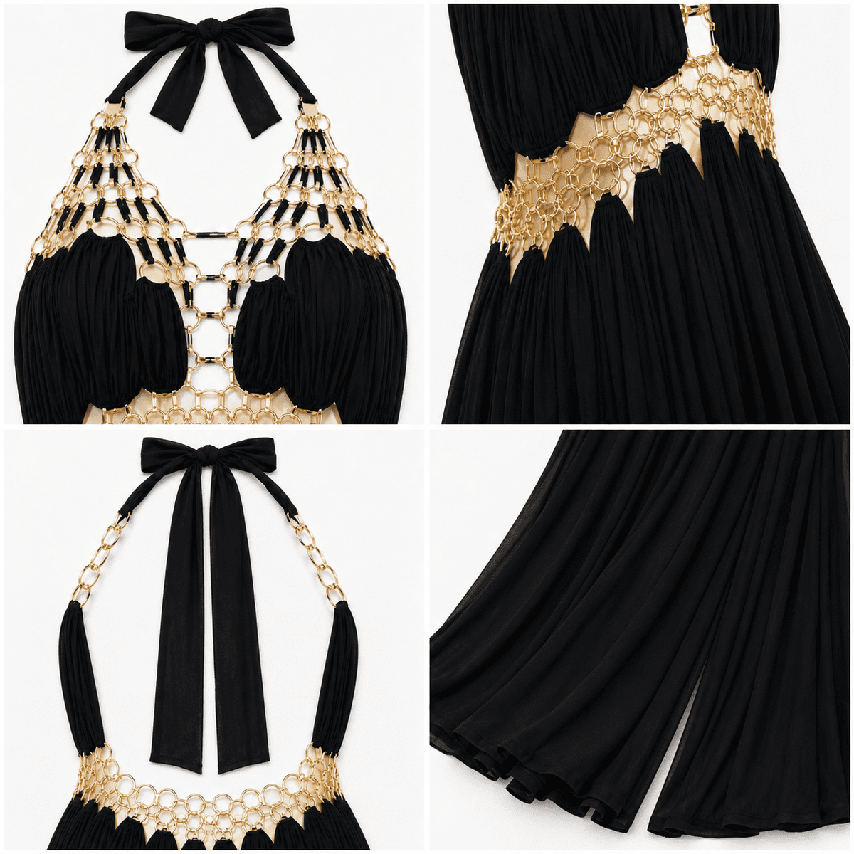 thumbnail image 3 of Women Halter Maxi Dress Metal Ring Cutout A Line Chiffon Flowy Formal Evening Party Gown Black, 3 of 7