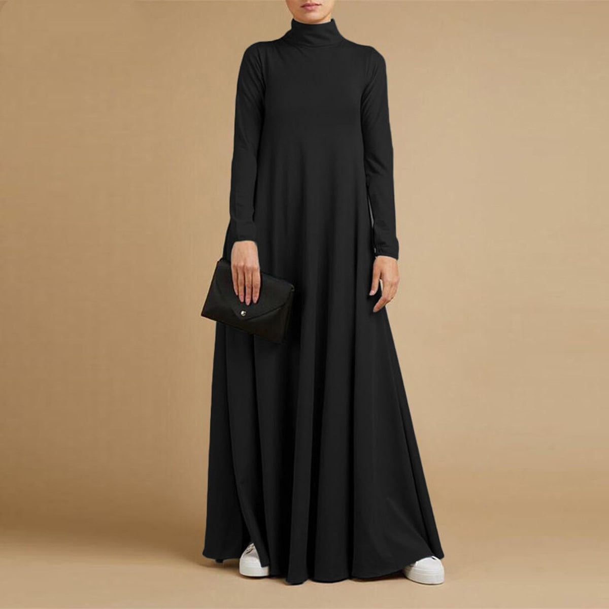 thumbnail image 2 of asdoklhq Summer Dress Maxi Dresses Women's Plus Size Casual Dress High Collar Solid Color Long Sleeve Winter Fall Basic Casual Maxi Long Dress Daily Vacation Dress Black 5X, 2 of 6