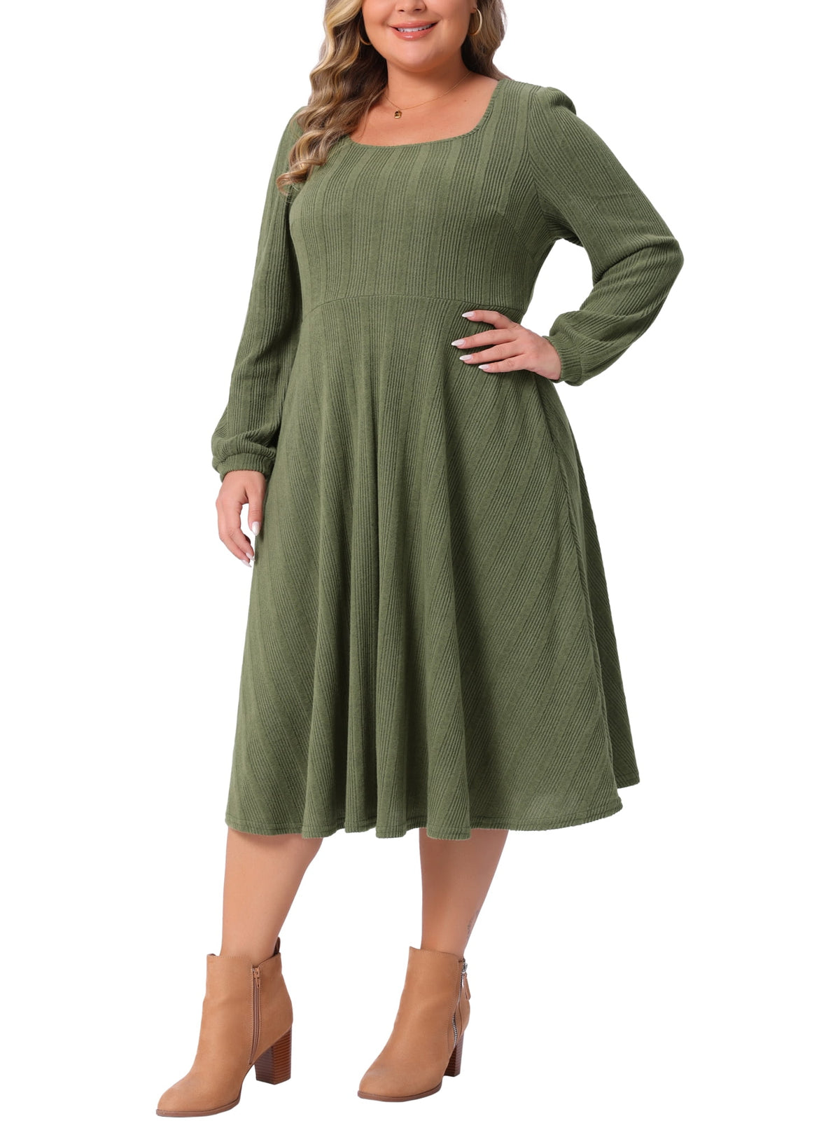 thumbnail image 4 of Agnes Orinda Women's Plus Size Halloween Outfits Long Sleeve Dress Square Neck Pockets Casual Flowy A Line Midi Knit Dresses 1X Army Green, 4 of 6