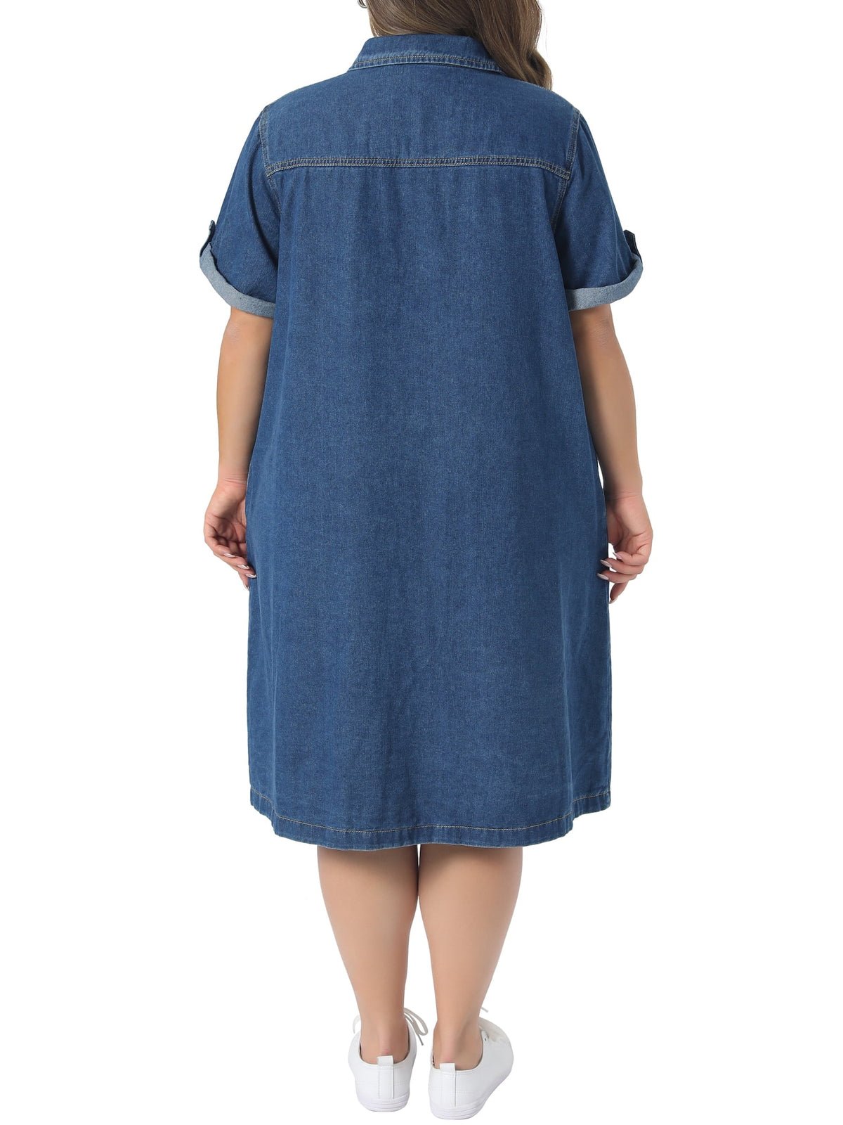 thumbnail image 3 of NOMADIC NOOK Women's Plus Size Smocked Dresses and Button Down Lapel Short Sleeve Midi Summer Casual Denim Jean Shirt Dress with Pockets 3X Light Green/Blue, 3 of 7