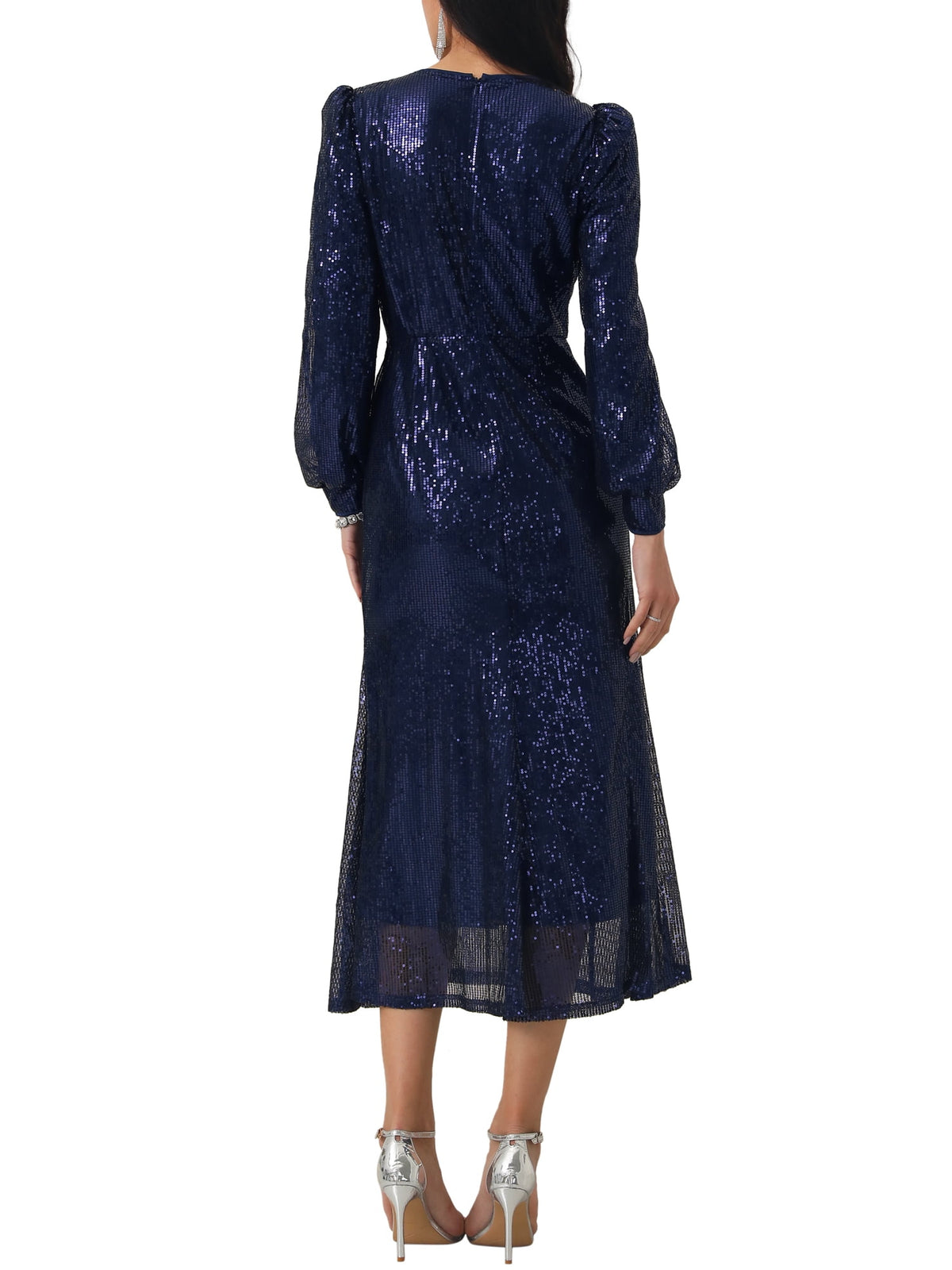 thumbnail image 3 of INSPIRE CHIC WOMLAYOUT Women's Sequin Sparkly Dresses Long Sleeve V Neck Cocktail Party Midi Dress S Deep Blue, 3 of 6
