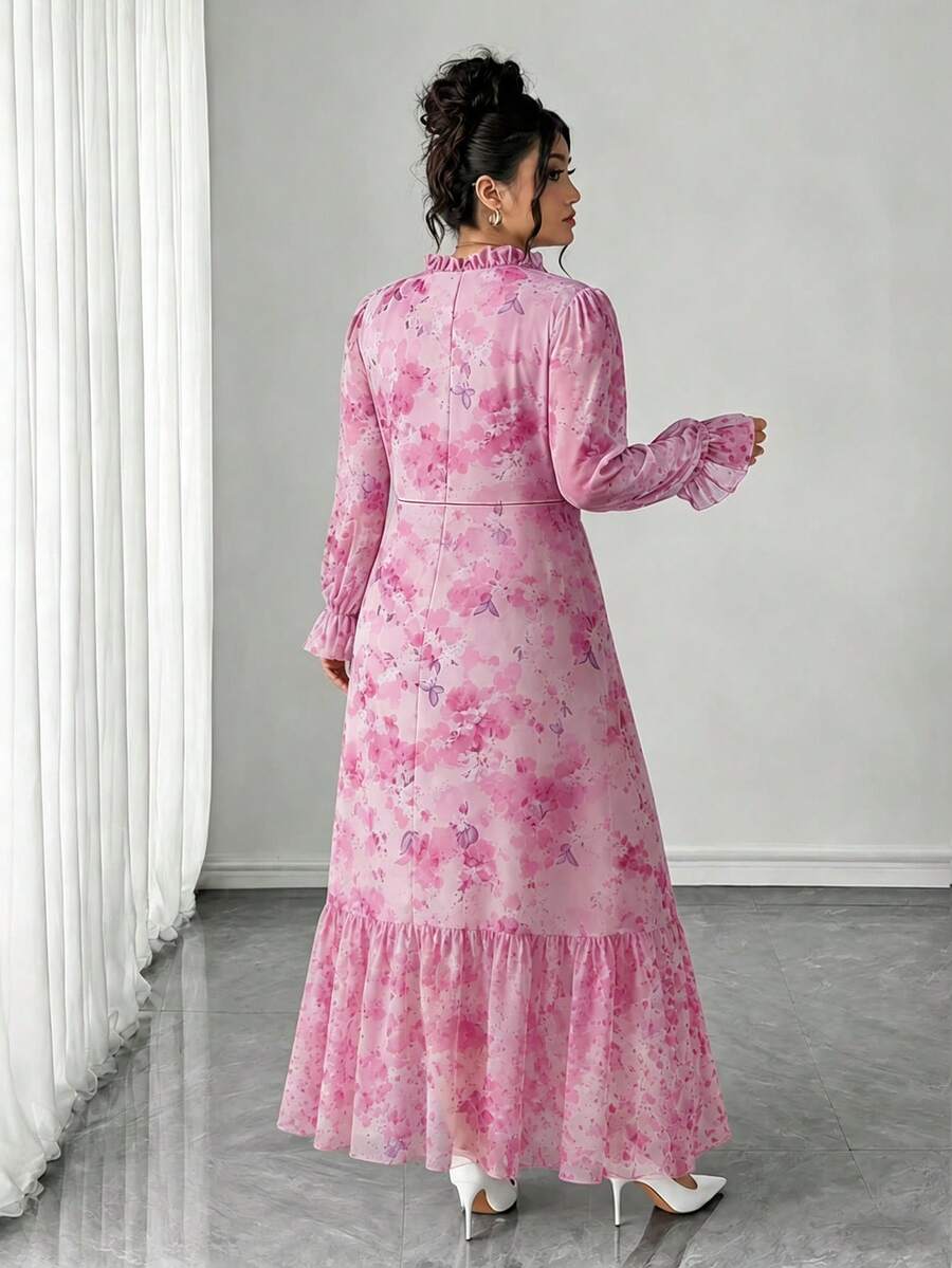 thumbnail image 2 of Womens Elegant Pink Floral Chiffon Long Sleeve V-Neck Maxi Dress, 2 of 7