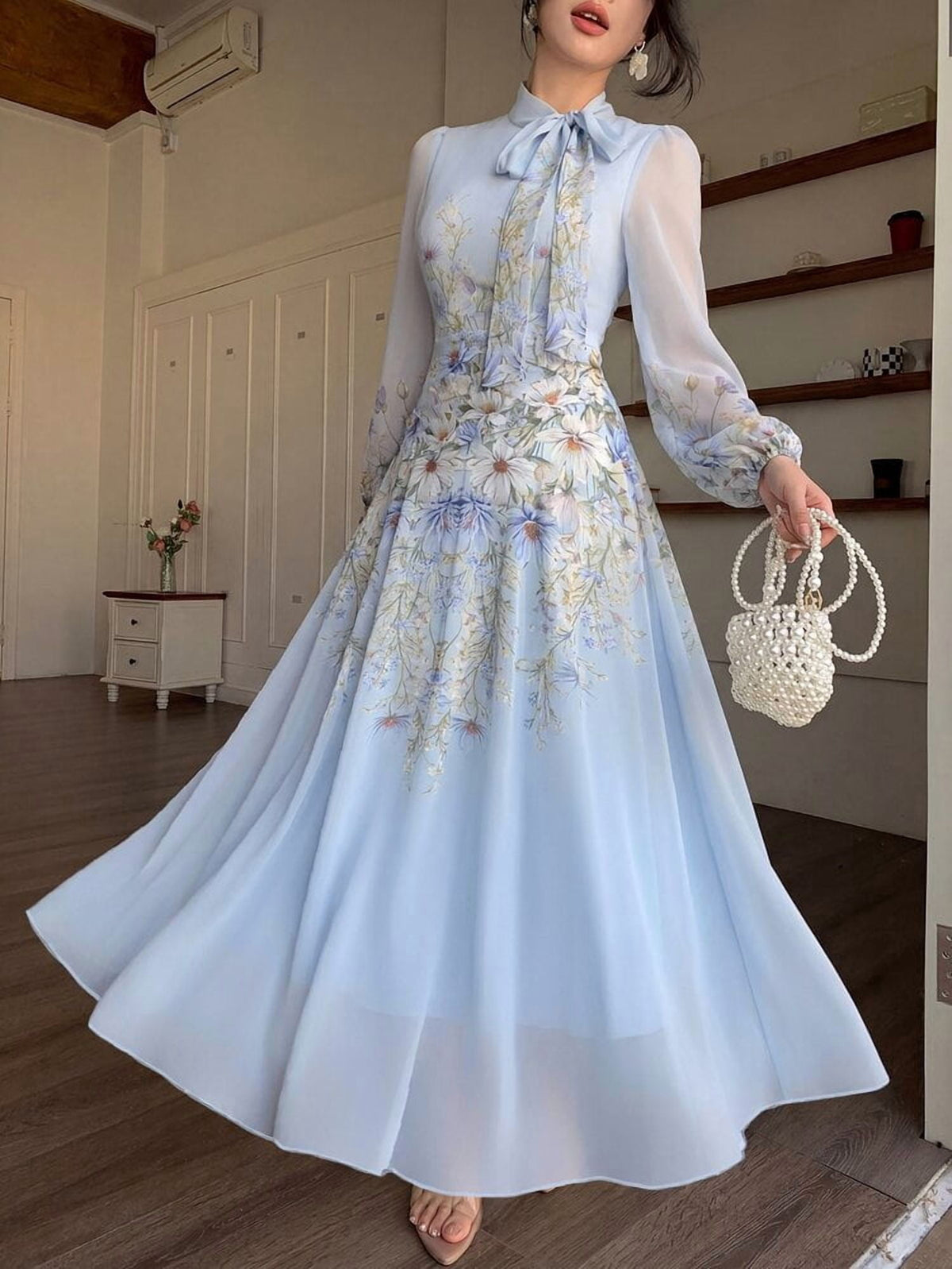 thumbnail image 3 of Blue Floral Embroidered Long Sleeve Midi Dress with Bow Neck, 3 of 8
