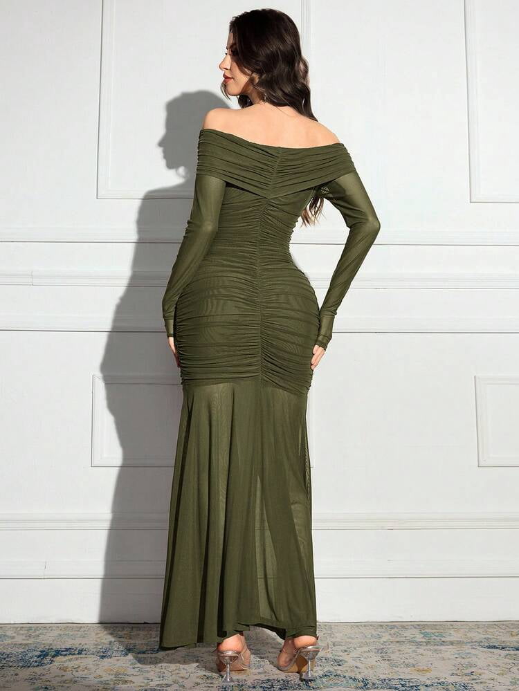 thumbnail image 3 of Army Green Off Shoulder Long Sleeve Ruched Fishtail Maxi Dress, 3 of 6