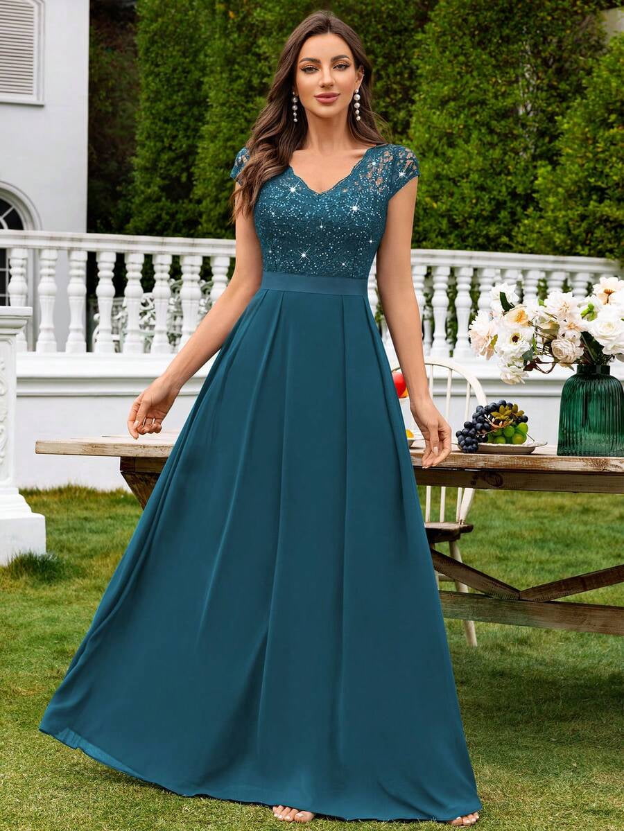 thumbnail image 2 of Dusty Blue V-Neck Sequin Lace Short Sleeve A-Line Evening Gown, 2 of 28
