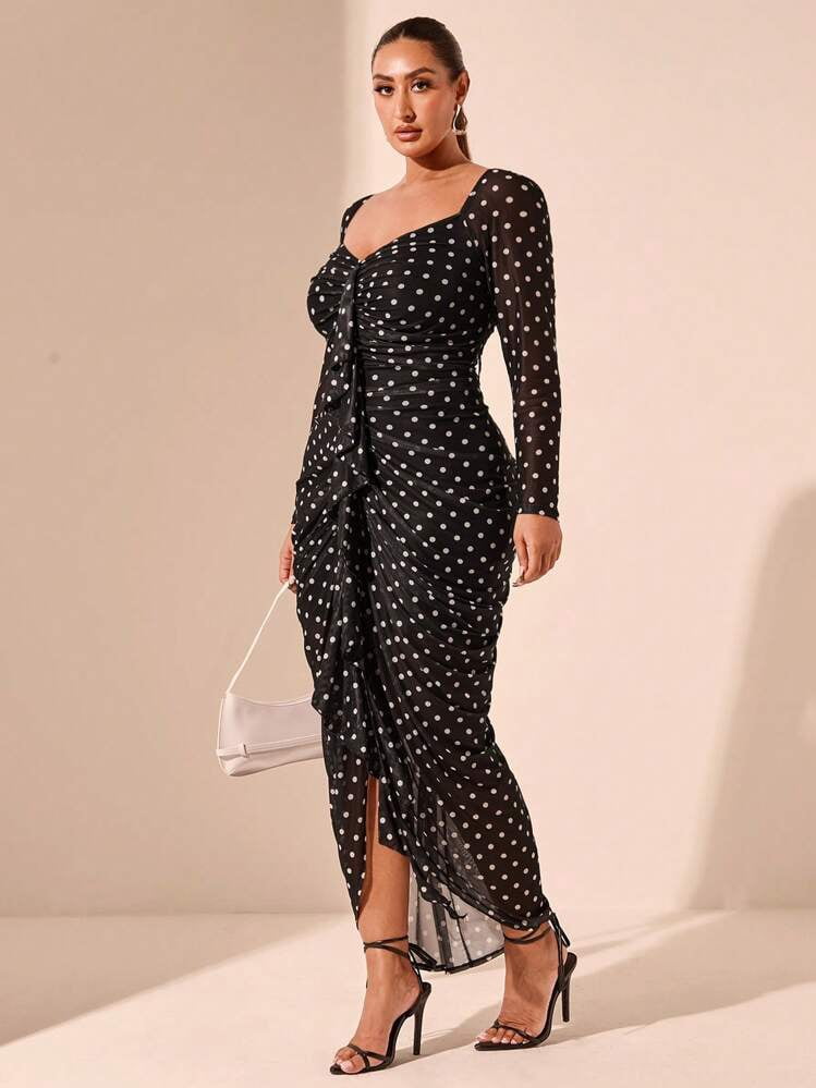 thumbnail image 4 of Black Long Sleeve Ruched Maxi Dress with Polka Dot Print, 4 of 7