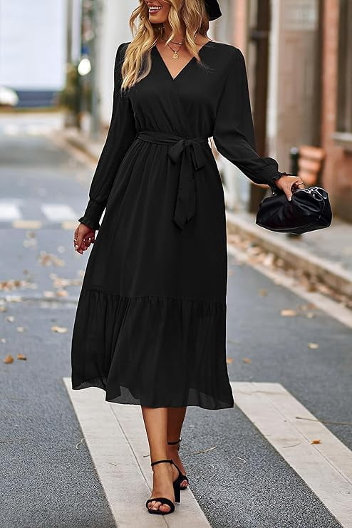 thumbnail image 5 of PRETTYGARDEN Women's Maxi Dress Fall Long Sleeve Wrap V Neck Ruffle Flowy Belted Spring Wedding Guest Vacation, 5 of 8
