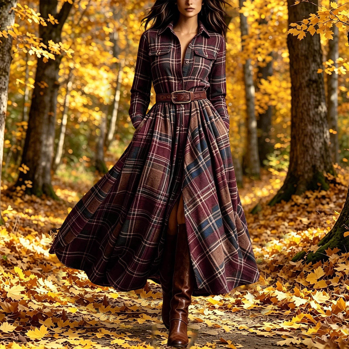 thumbnail image 6 of BRGZLK Maxi Dresses for Women Fall Winter Retro Lapel Button Down Long Sleeves Plaid Maxi Shirt Dress A-Line Flowy Casual Dress with Pockets & Belt Red XL, 6 of 6
