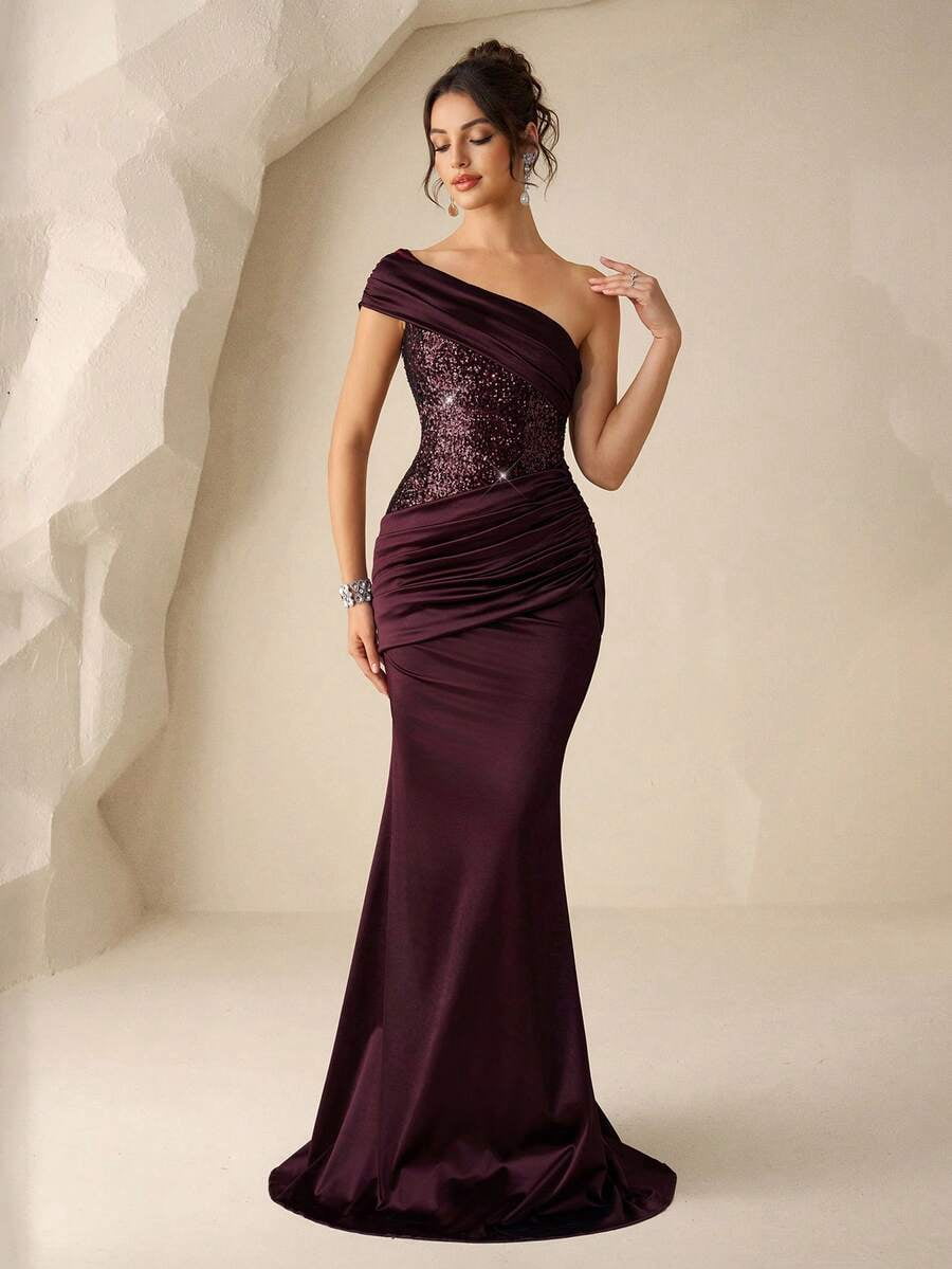 thumbnail image 4 of Burgundy One-Shoulder Sequin Bodice Mermaid Satin Evening Gown, 4 of 30
