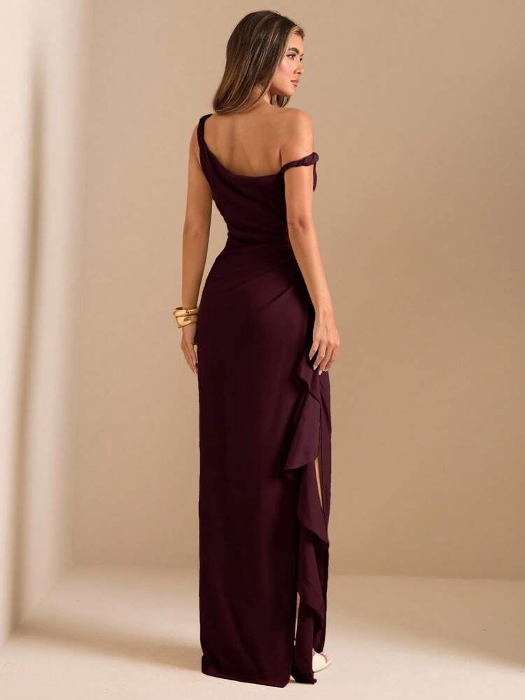 thumbnail image 7 of Maroon One Shoulder Ruffle Wrap Maxi Dress, 7 of 7