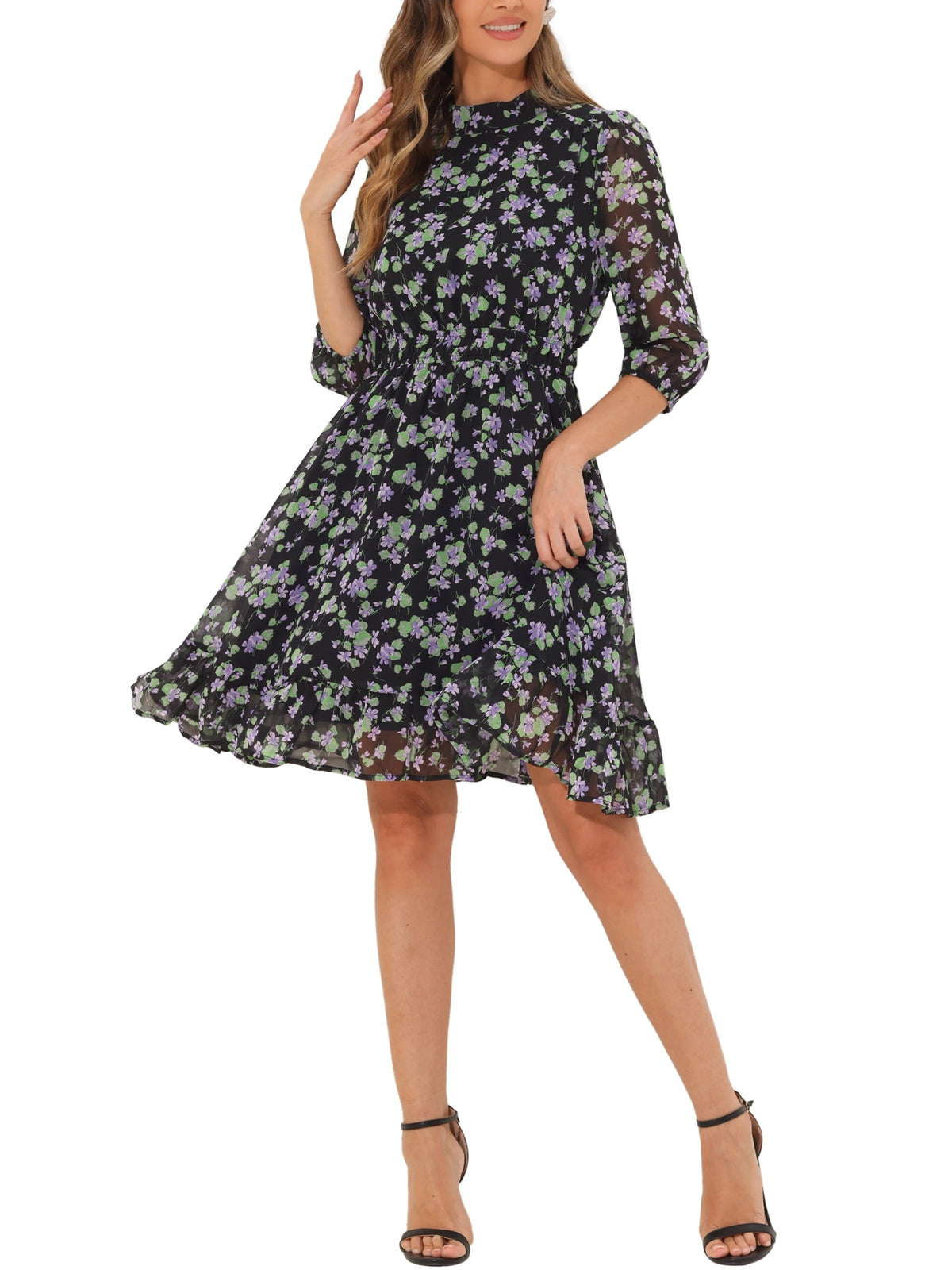 thumbnail image 2 of INSPIRE CHIC Floral A-Line Dress for Women's Casual Mock Neck Fit and Flare Chiffon Dress M Black, 2 of 6