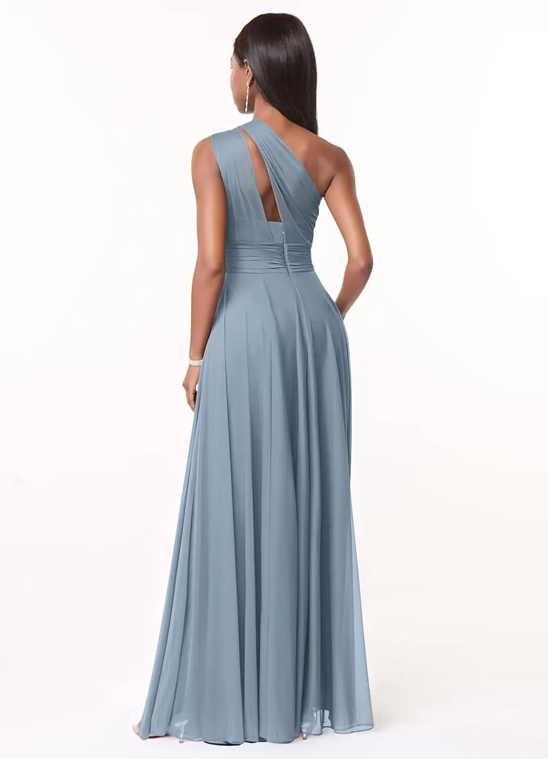 thumbnail image 4 of Chiffon Bridesmaid Dresses Long for Women One Shoulder Sleeveless A Line Formal Dress with Pockets WM025, 4 of 7