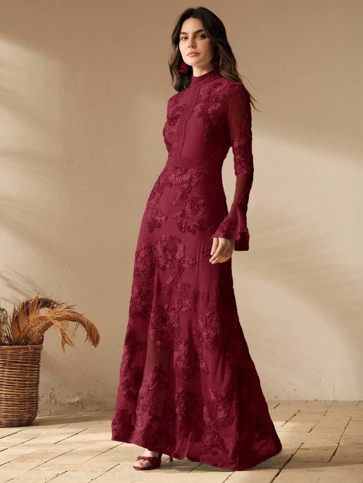 thumbnail image 5 of Burgundy Floral Embroidered High-Neck Long Sleeve Maxi Dress For Women, 5 of 14