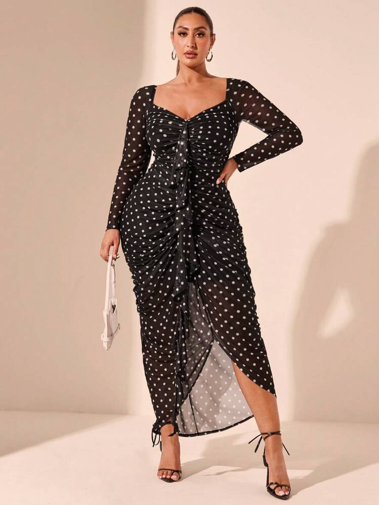 thumbnail image 2 of Black Long Sleeve Ruched Maxi Dress with Polka Dot Print, 2 of 7