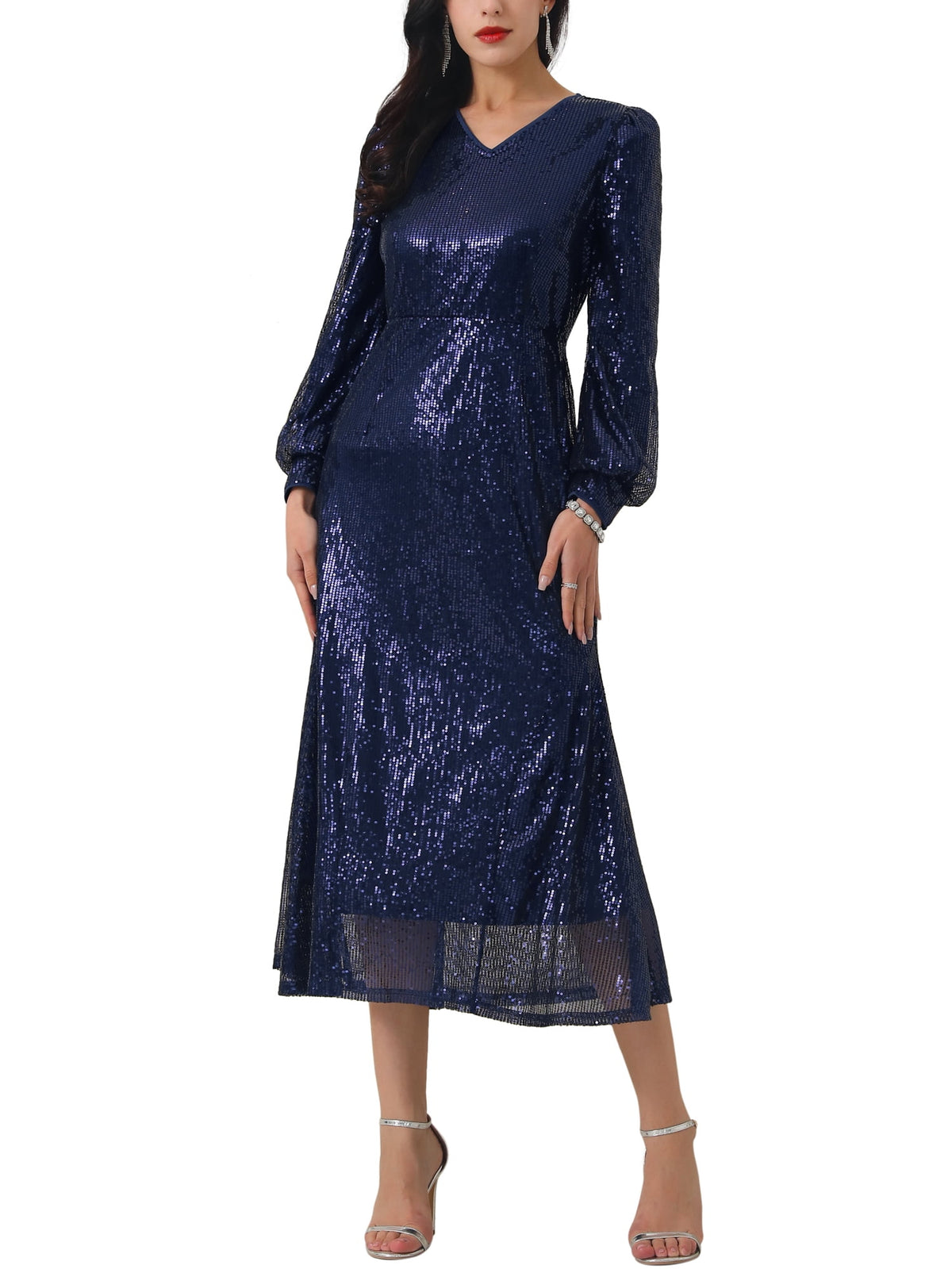 thumbnail image 2 of INSPIRE CHIC WOMLAYOUT Women's Sequin Sparkly Dresses Long Sleeve V Neck Cocktail Party Midi Dress S Deep Blue, 2 of 6