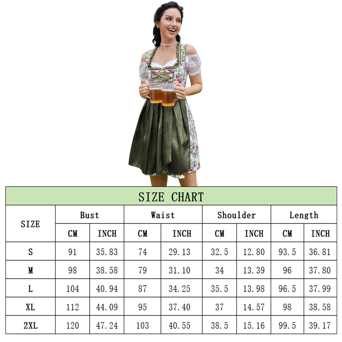 thumbnail image 5 of Women’s Beer Festival Dirndl Dress 3-Piece Set, Floral Lace-Up Dress with Off-Shoulder Blouse and Green Apron, 5 of 5